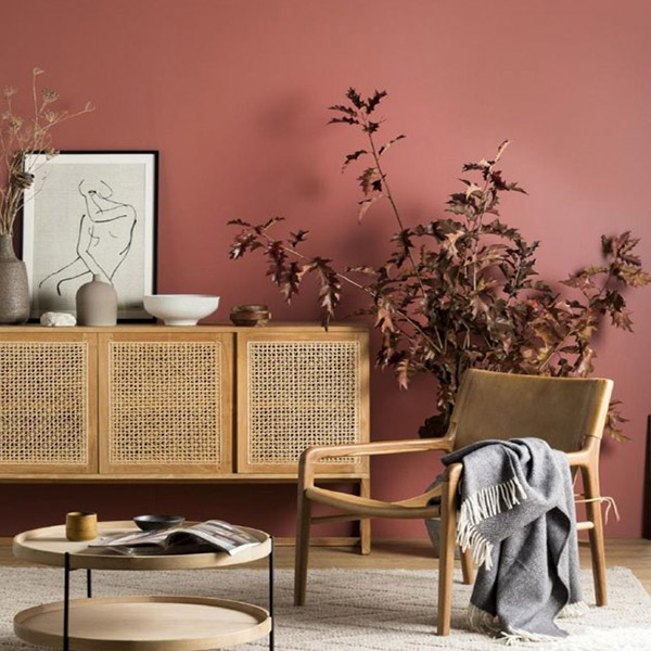Tông màu hồng đất áp dụng cho thiết kế nội thất phòng khách. Nguồn: Architecture Art Designs